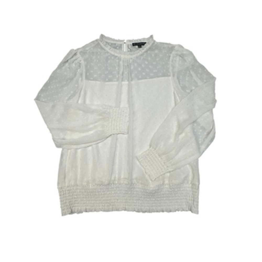 Adrianna Papell Blouse Womens Medium White Swiss Dot Sheer Puff Sleeve Smocked